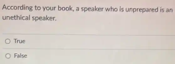 According to your book, a speaker who is unprepared is an
unethical speaker.
True
False