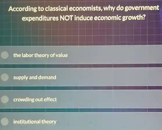 According to classical economists, why do government
expenditures NOT induce economic growth?
the labor theory of value
supply and demand
crowding out effect
institutional theory