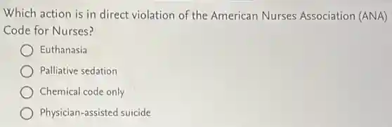 Which action is in direct violation of the American Nurses Association (ANA)
Code for Nurses?
Euthanasia
Palliative sedation
Chemical code only
Physician-assisted suicide