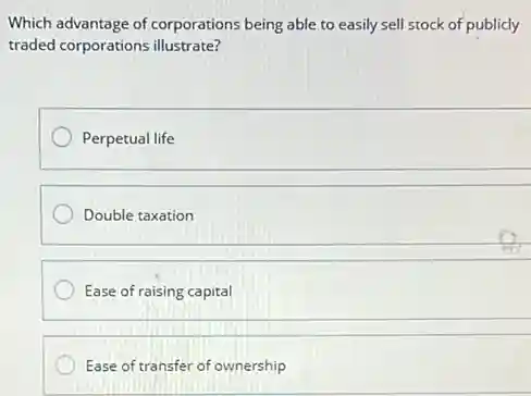 Which advantage of corporations being able to easily sell stock of publicly
traded corporations illustrate?
Perpetual life
Double taxation
Ease of raising capital
Ease of transfer of ownership