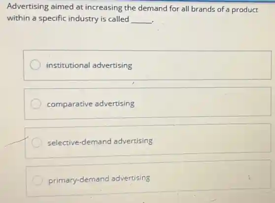 Advertising aimed at increasing the demand for all brands of a product
within a specific industry is called __
institutional advertising
comparative advertising
selective-demand advertising
primary-demand advertising