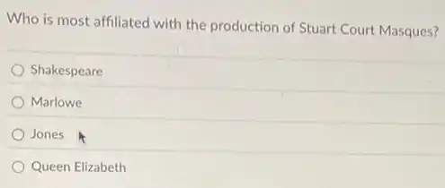Who is most affiliated with the production of Stuart Court Masques?
Shakespeare
Marlowe
Jones
Queen Elizabeth