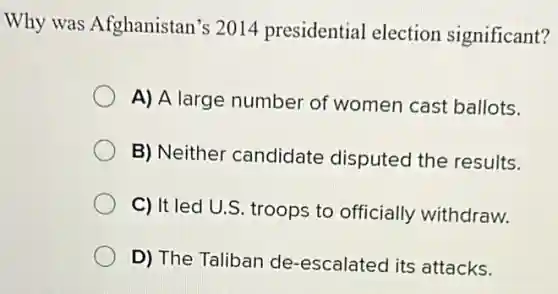 Why was Afghanistan's 2014 presidential election significant?
A) A large number of women cast ballots.
B) Neither candidate disputed the results.
C) It led U.S. troops to officially withdraw.
D) The Taliban de -escalated its attacks.