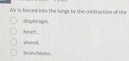 Air is forced into the lungs by the contraction of the
diaphragm.
heart.
alveoli.
bronchioles.