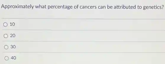 Approximately what percentage of cancers can be attributed to genetics?
10
20
30
40
