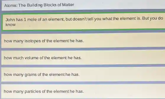 Atoms: The Building Blocks of Matter
John has 1 mole of an element, but doesn't tell you what the element is. But you do
know
how many isotopes of the element he has.
how much volume of the element he has.
how many grams of the element he has.
how many particles of the element he has.
