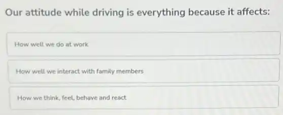 Our attitude while driving is everything because it affects:
How well we do at work
How well we interact with family members
How we think, feel behave and react