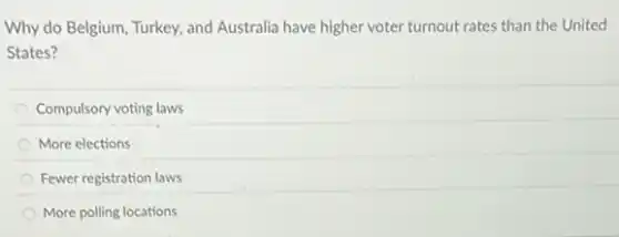 Why do Belgium, Turkey and Australia have higher voter turnout rates than the United
States?
Compulsory voting laws
More elections
Fewer registration laws
More polling locations