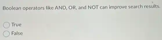 Boolean operators like AND, OR, and NOT can improve search results.
True
False