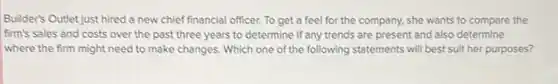 Builder's Outlet just hired a new chief financial officer To get a feel for the company, she wants to compare the
firm's sales and costs over the past three years to determine if any trends are present and also determine
where the firm might need to make changes Which one of the following statements will best suit her purposes?