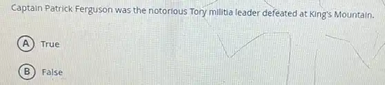 Captain Patrick Ferguson was the notorious Tory militia leader defeated at King's Mountain.
A True
B False