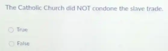 The Catholic Church did NOT condone the slave trade.
True
False