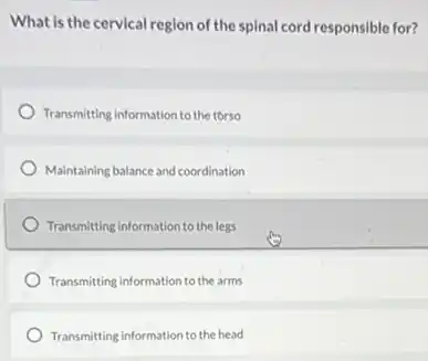 What is the cervical region of the spinal cord responsible for?
Transmitting information to the torso
Maintaining balance and coordination
Transmitting information to the legs
Transmitting information to the arms
Transmitting information to the head