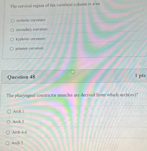 The cervical region of the vertebral column is a/an
scoliotic curvature
secondary curvature
kyphotic curvature
primary curvature
Question 48
The pharyngeal constrictor muscles are derived from which arch(es)?
Arch 1
Arch 3
Arch 4-6
Arch 2
1 pts