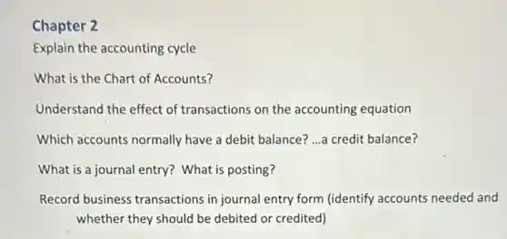 Chapter 2
Explain the accounting cycle
of Accounts?
Understand the effect of transactions on the accounting equation
Which accounts normally have a debit balance?...a credit balance?
What is a journal entry? What is posting?
Record business transactions in journal entry form (identify accounts needed and
whether they should be debited or credited)