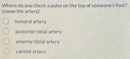 Where do you check a pulse on the top of someone's foot?
(name the artery)
femoral artery
posterior tibial artery
anterior tibial artery
carotid artery