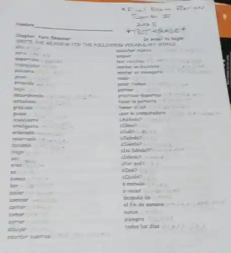 Chopler: Pare Empezor
n order to begin
THE MEANTING FOR THE FDLLOWING VOCABULADY WORDS
eacuchor musico
eaquiar
leer revistas
montar en bicicleto
posieme
fover
meevitio pasar tiempo
brijo
desordenado practicar deportes
estudiosp tocar lo guitarro
guapp usar lo computadoro
impaciente (Adónde?