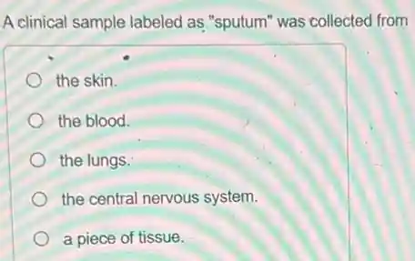 A clinical sample labeled as "sputum" was collected from
the skin.
the blood.
the lungs.
the central nervous system.
a piece of tissue.