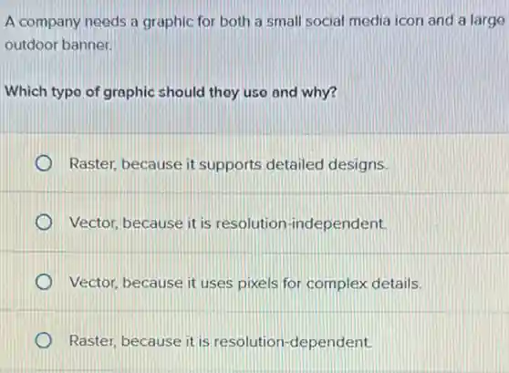 A company needs a graphic for both a small social media icon and a large
outdoor banner.
Which type of graphic should they use and why?
D Raster, because it supports detailed designs.
Vector, because it is resolution-independent
Vector, because it uses pixels for complex details.
Raster, because it is resolution-dependent.