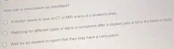 How can a concussion be identified?
A doctor needs to look at.CT or MRI scans of a student's brain.
Watching for different types of signs or symptoms after a student gets a hit to the head or body.
Wait for an student to report that they may have a concussion.