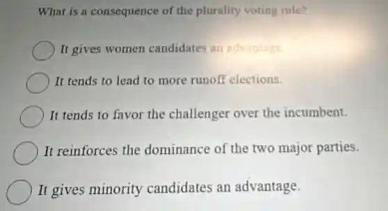 What is a consequence of the plurality voting rule?
It gives women candidates an advantage.
It tends to lead to more runoff elections.
It tends to favor the challenger over the incumbent.
It reinforces the dominance of the two major parties.
It gives minority candidates an advantage.