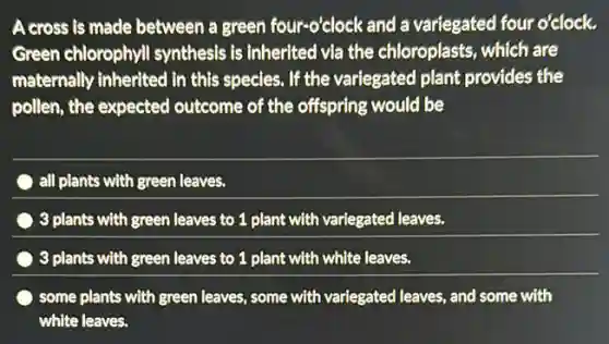 A cross is made between a green four-o'clock and a variegated four o'clock.
Green chlorophyll synthesis is inherited via the chloroplasts, which are
maternally inherited in this species. If the variegated plant provides the
pollen, the expected outcome of the offspring would be
all plants with green leaves.
3 plants with green leaves to 1 plant with variegated leaves.
3 plants with green leaves to 1 plant with white leaves.
some plants with green leaves, some with variegated leaves, and some with
white leaves.