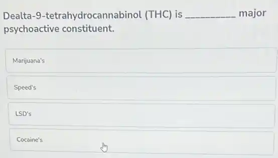 Dealta-9 -tetrahydrocannabinol (THC) is __ major
psychoactive constituent.
Marijuana's
Speed's
LSD's
Cocaine's