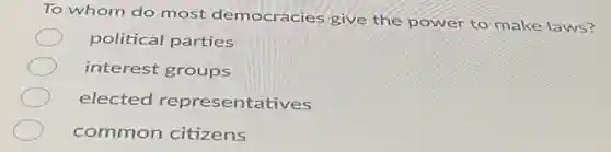 To whom do most democracies give the power to make laws?
political parties
interest groups
elected representatives
common citizens