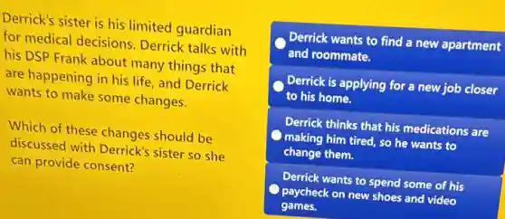 Derrick's sister is his limited guardian
for medical decisions Derrick talks with
his DSP Frank about many things that
are happening in his life, and Derrick
wants to make some changes.
Which of these changes should be
discussed with Derrick's sister so she
can provide consent?
Derrick wants to find a new apartment
and roommate.
Derrick is applying for a new job closer
to his home.
Derrick thinks that his medications are
making him tired, so he wants to
change them.
Derrick wants to spend some of his
paycheck on new shoes and video
games.