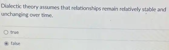 Dialectic theory assumes that relationships remain relatively stable and
unchanging over time.
true
C false