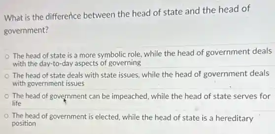 What is the difference between the head of state and the head of
government?
The head of state is a more symbolic role, while the head of government deals
with the day-to-day aspects of governing
The head of state deals with state issues.while the head of government deals
with government issues
The head of government can be impeached, while the head of state serves for
life
The head of government is elected, while the head of state is a hereditary
position