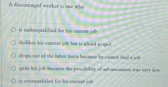 A discouraged worker is one who
is underqualified for his current job
dislikes his current job but is afraid to quit
drops out of the labor force because he cannot find a job
quits his job because the possibility of advancement was very low
is overqualified for his current job