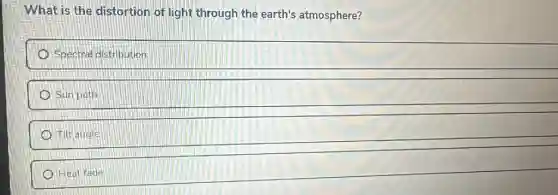 What is the distortion of light through the earth's atmosphere?
Spectral distribution
Sun path
Tilt angle
Heat fade