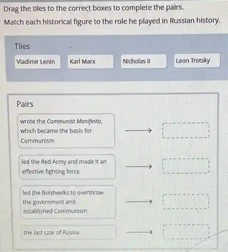 Drag the tiles to the correct boxes to complete the pairs.
Match each historical figure to the role he played in Russian history.
Tiles
Vladimir Lenin
Karl Marx
Nicholas II
Leon Trotsky
Pairs
wrote the Communist Manifesto,
which became the basis for
Communism
square 
led the Red Army and made it an
effective fighting force
square 
led the Bolsheviks to overthrow
the government and
established Communism
square 
the last czar of Russia
square
