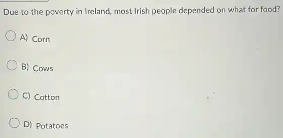 Due to the poverty in Ireland, most Irish people depended on what for food?
A) Corn
B) Cows
C) Cotton
D) Potatoes