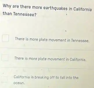 Why are there more earthquakes in California
than Tennessee?
There is more plate movement in Tennessee.
There is more plate movement in California.
California is breaking off to fall into the
ocean.