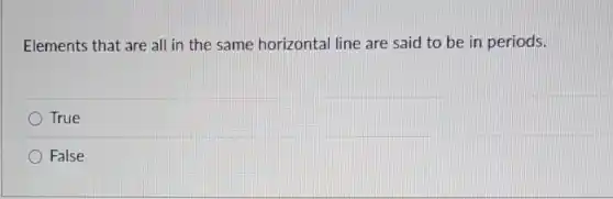 Elements that are all in the same horizontal line are said to be in periods.
True
False