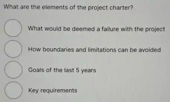 What are the elements of the project charter?
What would be deemed a failure with the project
How boundaries and limitations can be avoided
Goals of the last 5 years
Key requirements