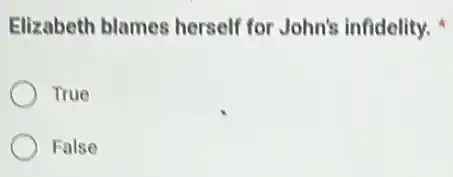 Elizabeth blames herself for John's infidelity.
True
False