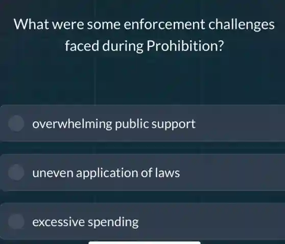 What were some enforcement challenges
faced during Prohibition?
overwhelming public support
uneven application of laws
excessive spending