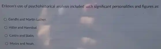 Erikson's use of psychohistorical analysis included such significant personalities and figures as:
Gandhi and Martin Luther.
Hitler and Hannibal.
Castro and Stalin
Moses and Noah.