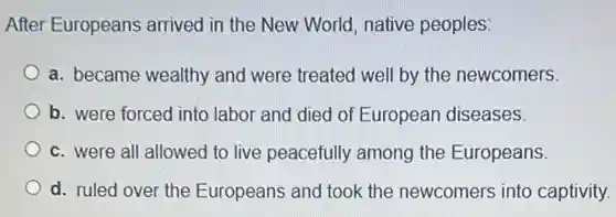 After Europeans arrived in the New World, native peoples:
a. became wealthy and were treated well by the newcomers.
b. were forced into labor and died of European diseases.
c. were all allowed to live peacefully among the Europeans.
d. ruled over the Europeans and took the newcomers into captivity.