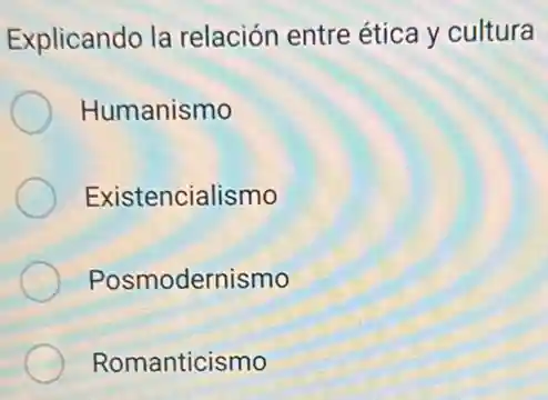 Explicando la relación entre ética y cultura
Humanismo
Existencialismo
Posmodernismo
Romanticismo