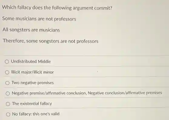 Which fallacy does the following argument commit?
Some musicians are not professors
All songsters are musicians
Therefore, some songsters are not professors
Undistributed Middle
Illicit major/illicit minor
Two negative premises
Negative premise/affirmative conclusion, Negative conclusion/affirmative premises
The existential fallacy
No fallacy: this one's valid