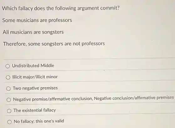 Which fallacy does the following argument commit?
Some musicians are professors
All musicians are songsters
Therefore, some songsters are not professors
Undistributed Middle
Illicit major/illicit minor
Two negative premises
Negative premise/affirmative conclusion, Negative conclusion /affirmative premises
The existential fallacy
No fallacy: this one's valid