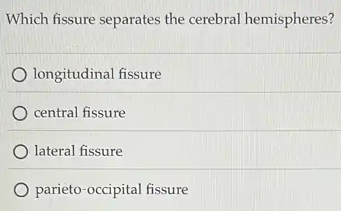 Which fissure separates the cerebral hemispheres?
longitudinal fissure
central fissure
lateral fissure
parieto-occipital fissure