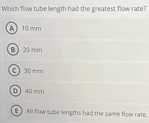 Which flow tube length had the greatest flow rate?
A 10 mm
B 20 mm
C 30 mm
D 40 mm
E All flow tube lengths had the same flow rate.