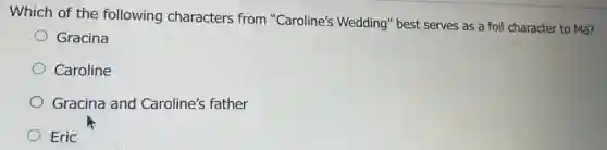 Which of the following characters from "Caroline's Wedding" best serves as a foil character to Ma?
Gracina
Caroline
Gracina and Caroline's father
Eric