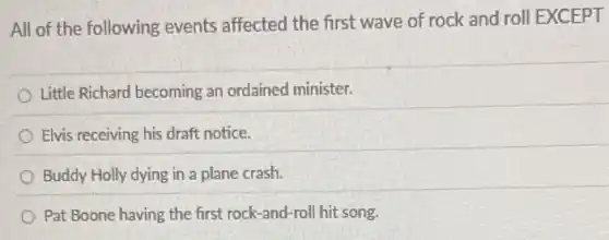All of the following events affected the first wave of rock and roll EXCEPT
Little Richard becoming an ordained minister.
Elvis receiving his draft notice.
Buddy Holly dying in a plane crash.
Pat Boone having the first rock-and-roll hit song.