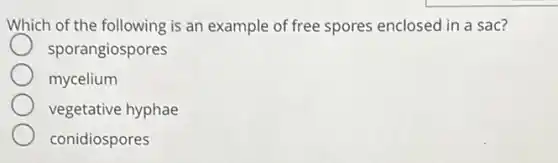 Which of the following is an example of free spores enclosed in a sac?
sporangiospores
mycelium
vegetative hyphae
conidiospores